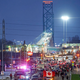 Demonstrators against COVID-19 vaccine mandates block the roadway at the Ambassador Bridge border crossing, in Windsor, Ontario, Canada on February 9, 2022. - The protestors, who are in support of the Truckers Freedom Convoy in Ottawa, have blocked traffic in the Canada bound lanes of the bridge since Monday evening. Approximately $323 million worth of goods cross the Windsor-Detroit border each day at the Ambassador Bridge, making it North Americas busiest international border crossing.